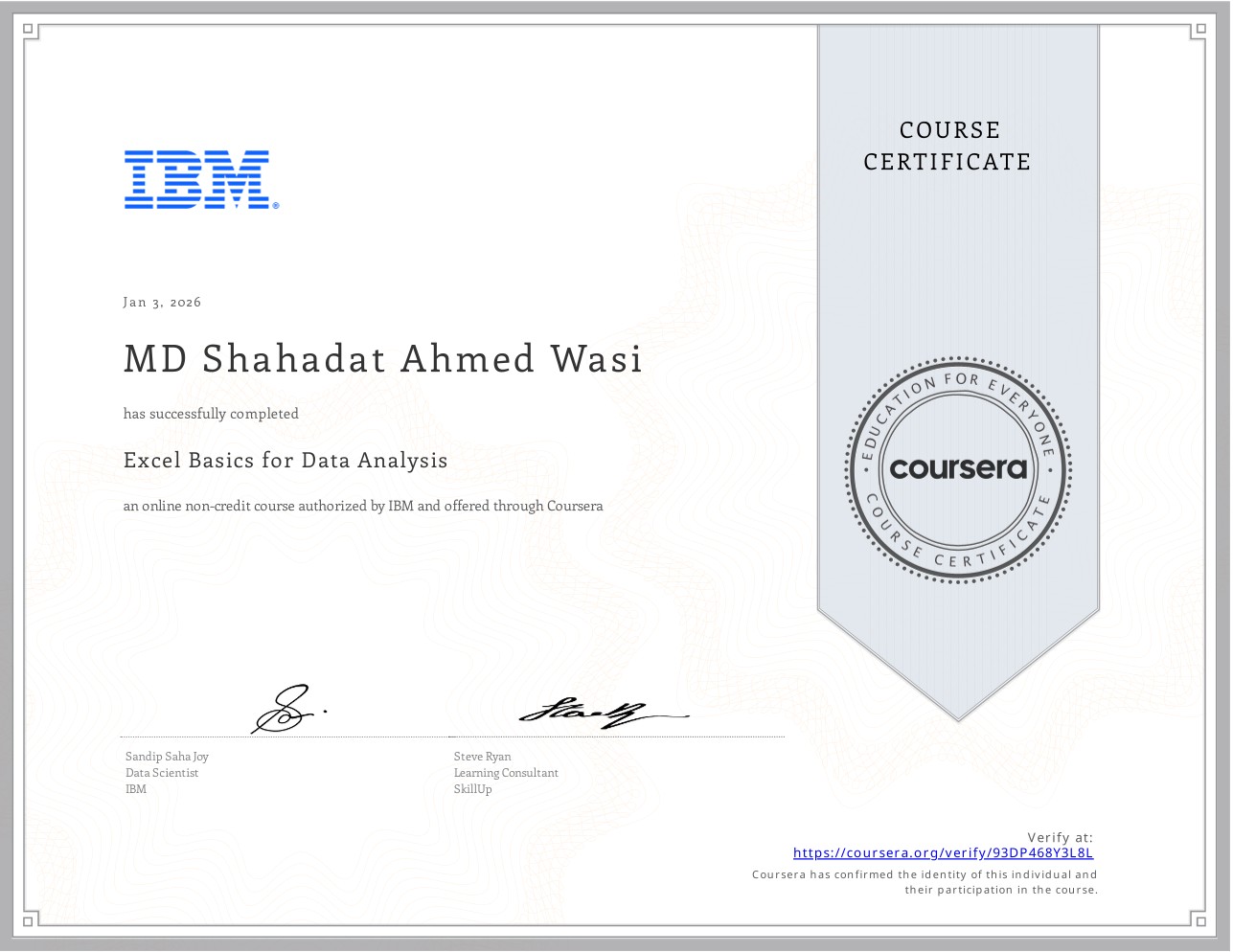 Excel Basics for Data Analysis certificate