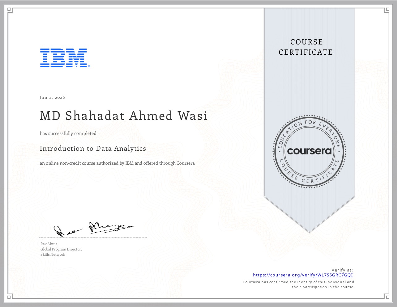 Introduction to Data Analytics certificate