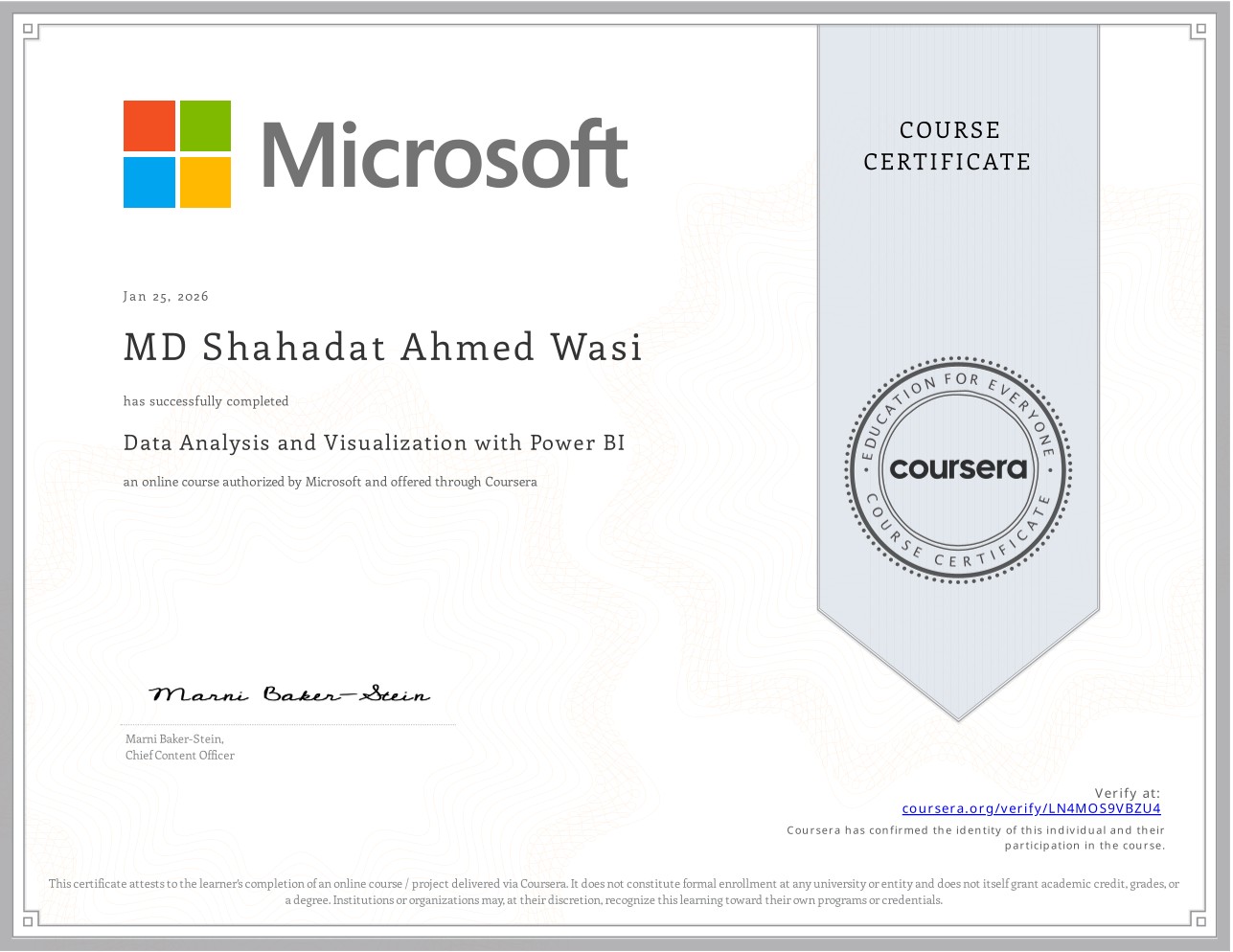Data Analysis & Visualization with Power BI certificate